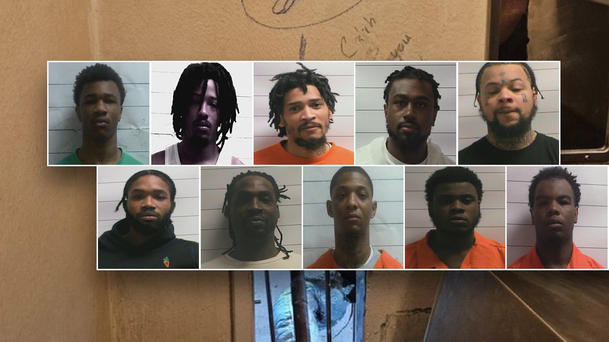 10 inmates mugshots with an image of the space they escaped from in background