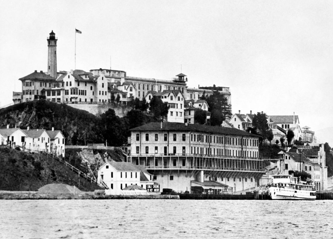 A view of Alcatraz island and penitentiary in San Francisco Bay from the 1930s.