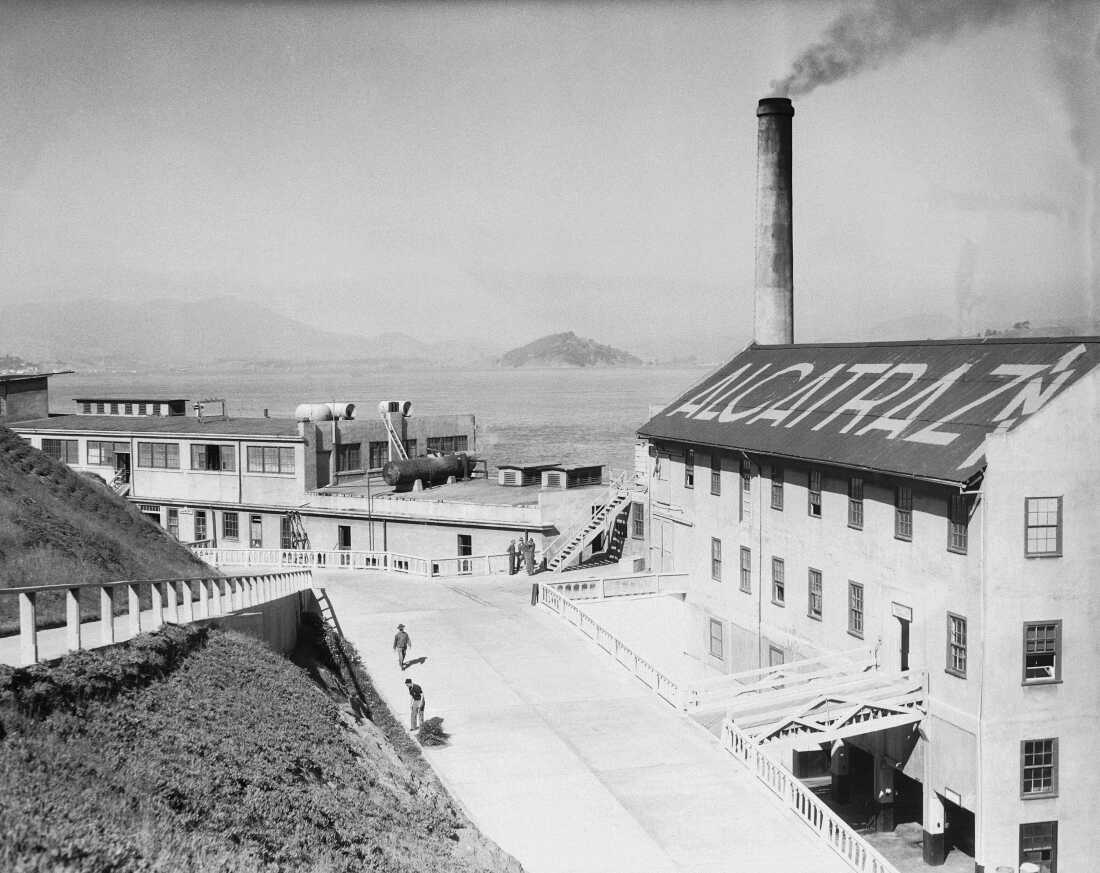 From left to right are the laundry room, power plant and quartermaster building on Alcatraz Island, in a photo taken on Oct. 20, 1933 in San Francisco.