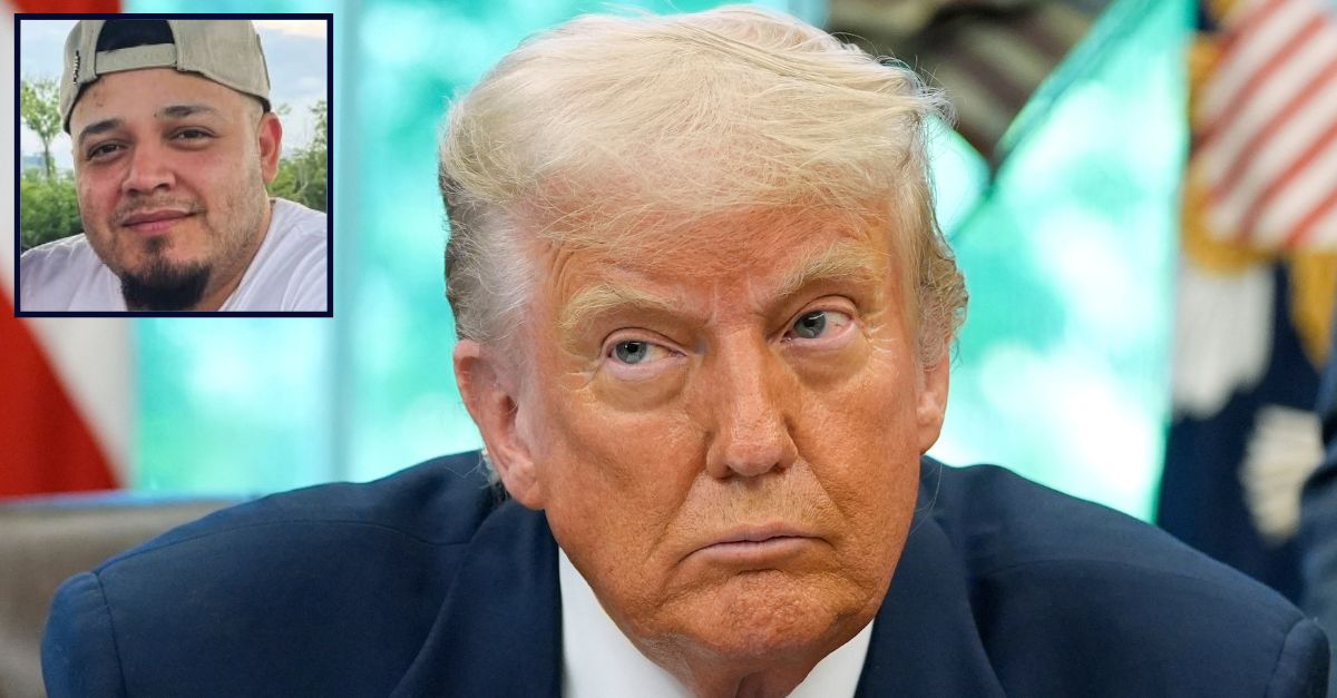 Main: President Donald Trump speaks with reporters as he signs executive orders and proclamations in the Oval Office of the White House, Monday, May 5, 2025, in Washington (AP Photo/Alex Brandon). Inset: Kilmar Abrego Garcia in updated photo (CASA).