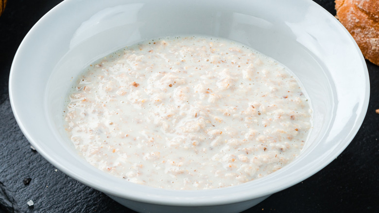 Plain cooked white oatmeal in a bowl